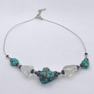 Vtg Turquoise & Clear Rock Crystal Sterling Clasp Necklace 15” + 2” Ext.